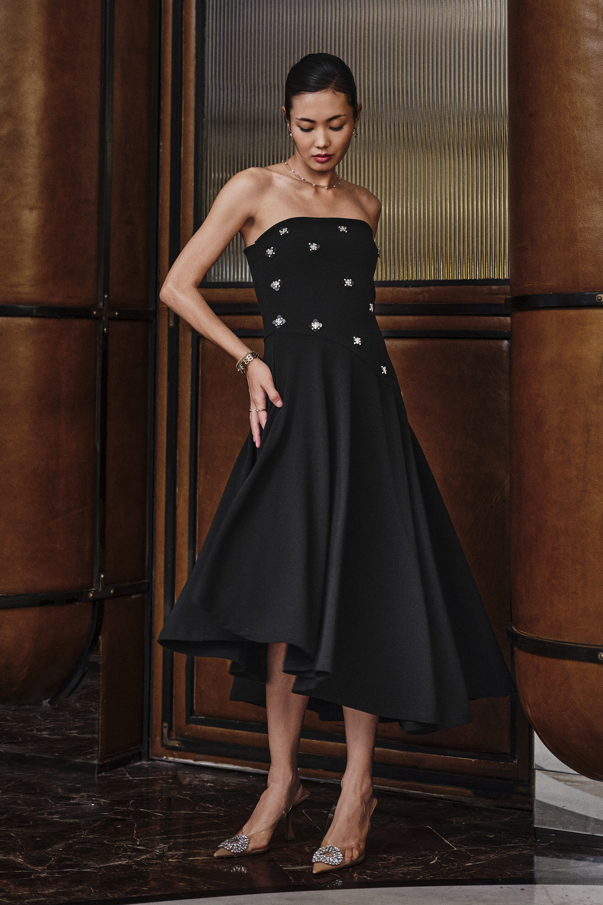 Aymmetric Embroidered Bandeau Dress in Black, Black, image 3